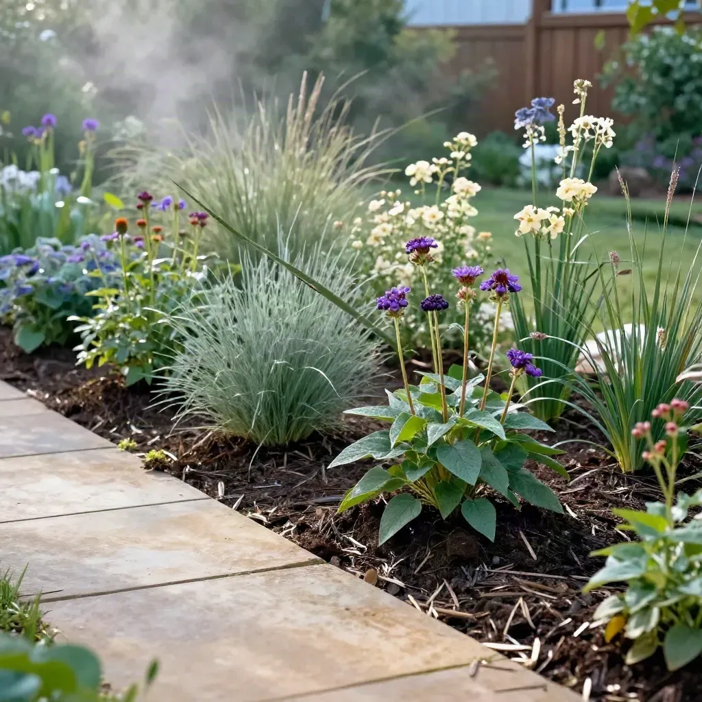 Native planting bed with serviceberry, coneflower, and switchgrass beside pale stone pavers.