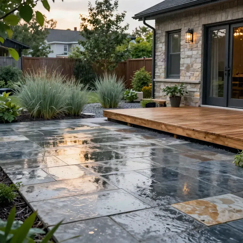 Wet bluestone patio, cedar deck and native grasses in a Toronto backyard after summer rain.