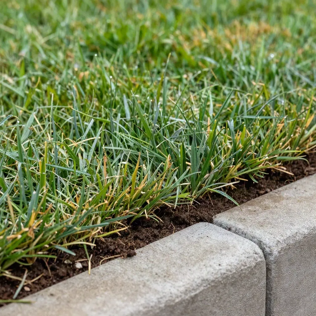 Macro of a lawn repair seam with fresh sod, topsoil, and patchy grass beside a curb