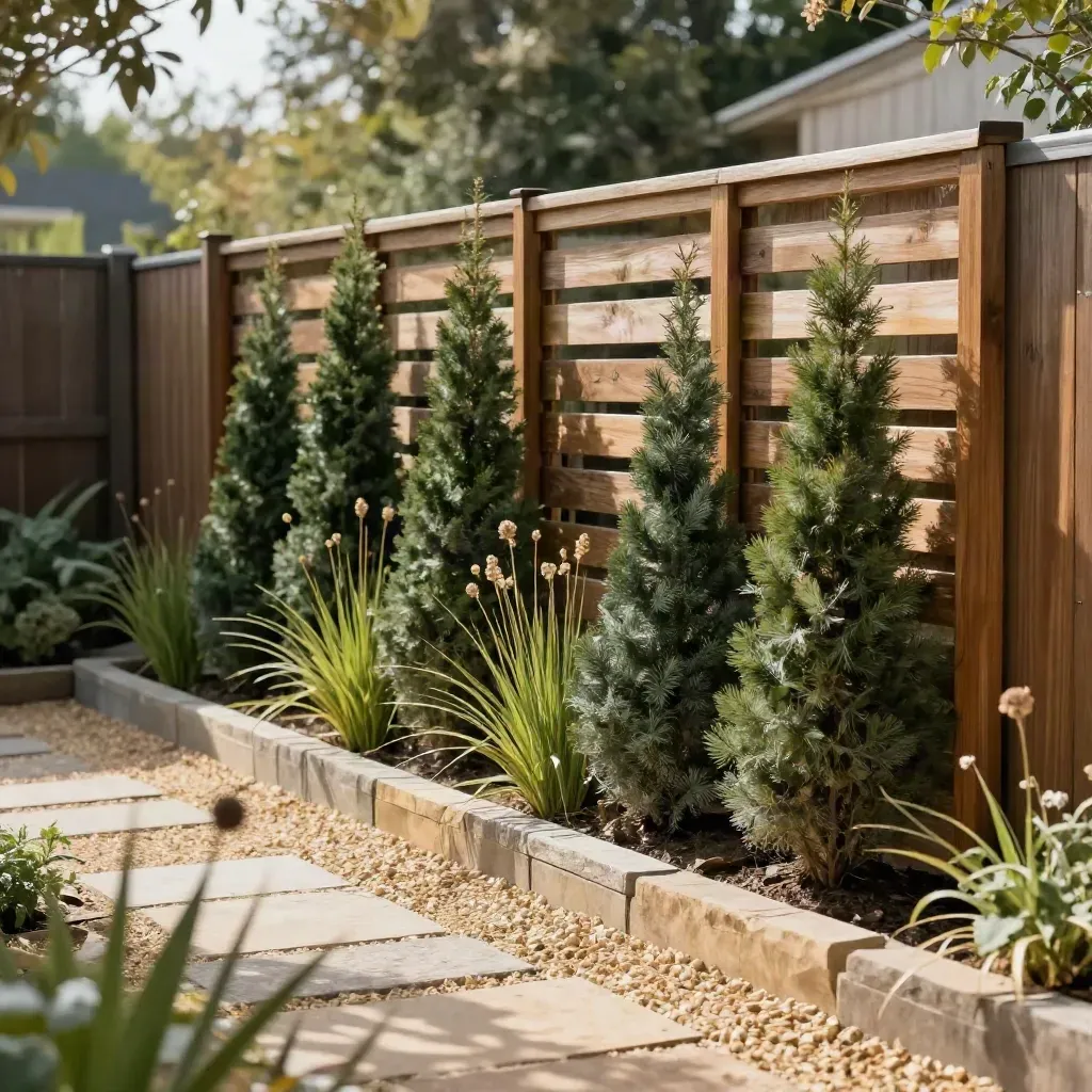 Cedar privacy screen with evergreens and grasses along a backyard boundary.