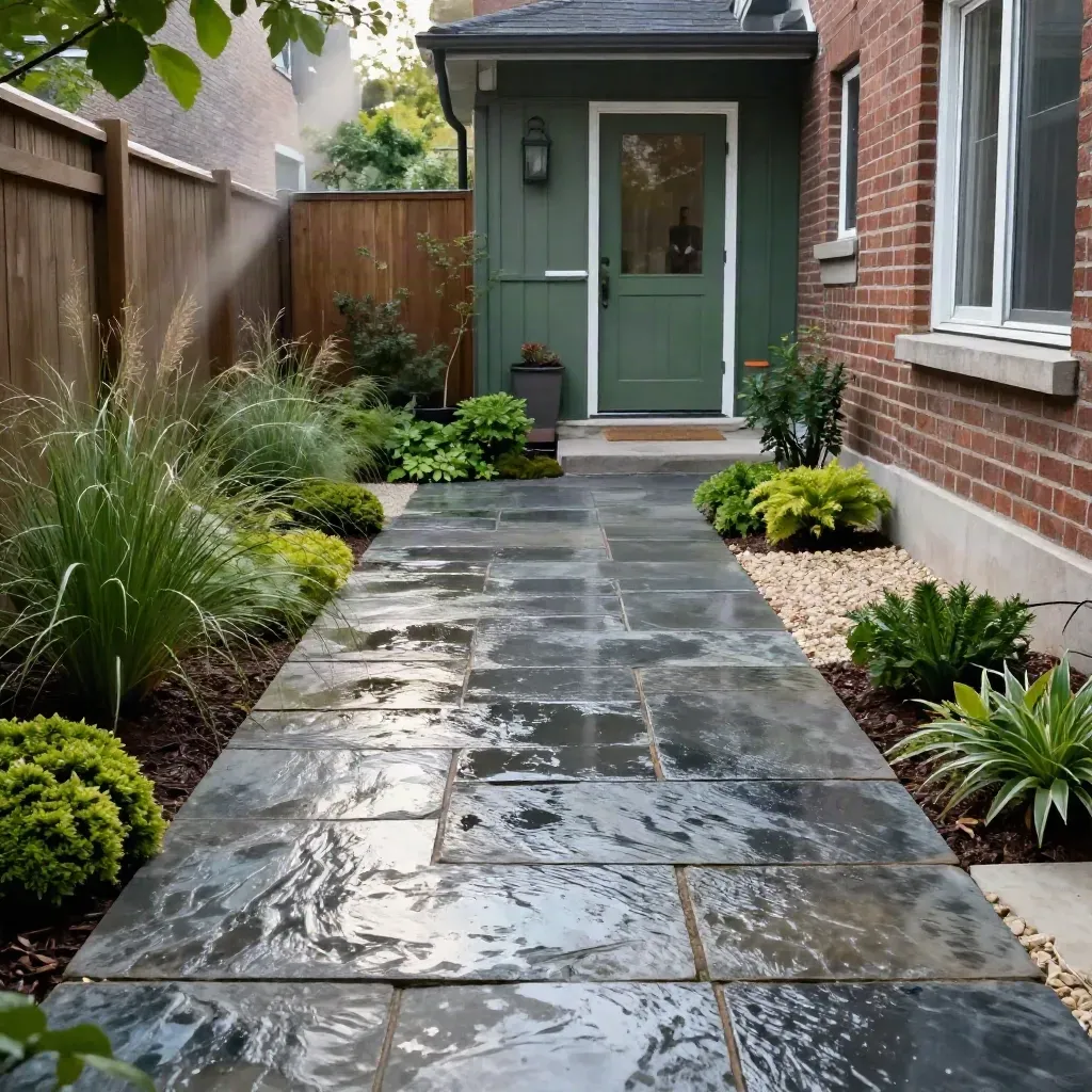Rain-dark Toronto backyard patio with native beds, gravel path and wet bluestone.
