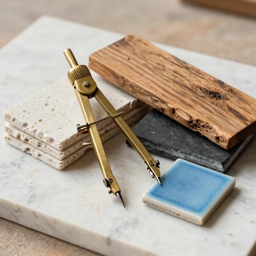 Brass drafting compass with travertine, cedar, charcoal and sky-blue sample materials