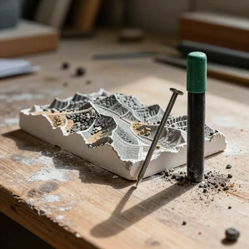 Survey pin, plaster terrain model, gravel chips, and field marker on a workshop bench