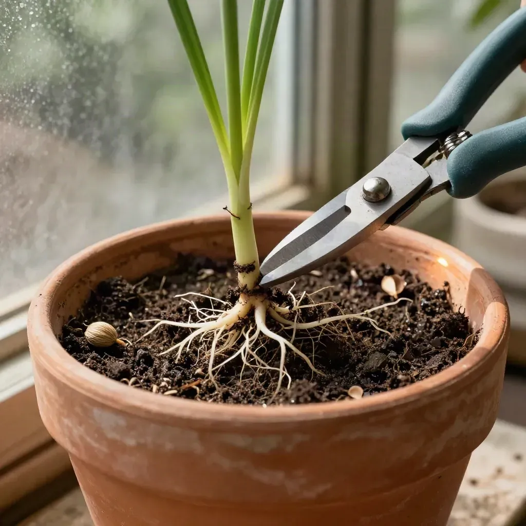Macro of native plant plug, pruning shears, terracotta pot, and seed heads on damp soil.