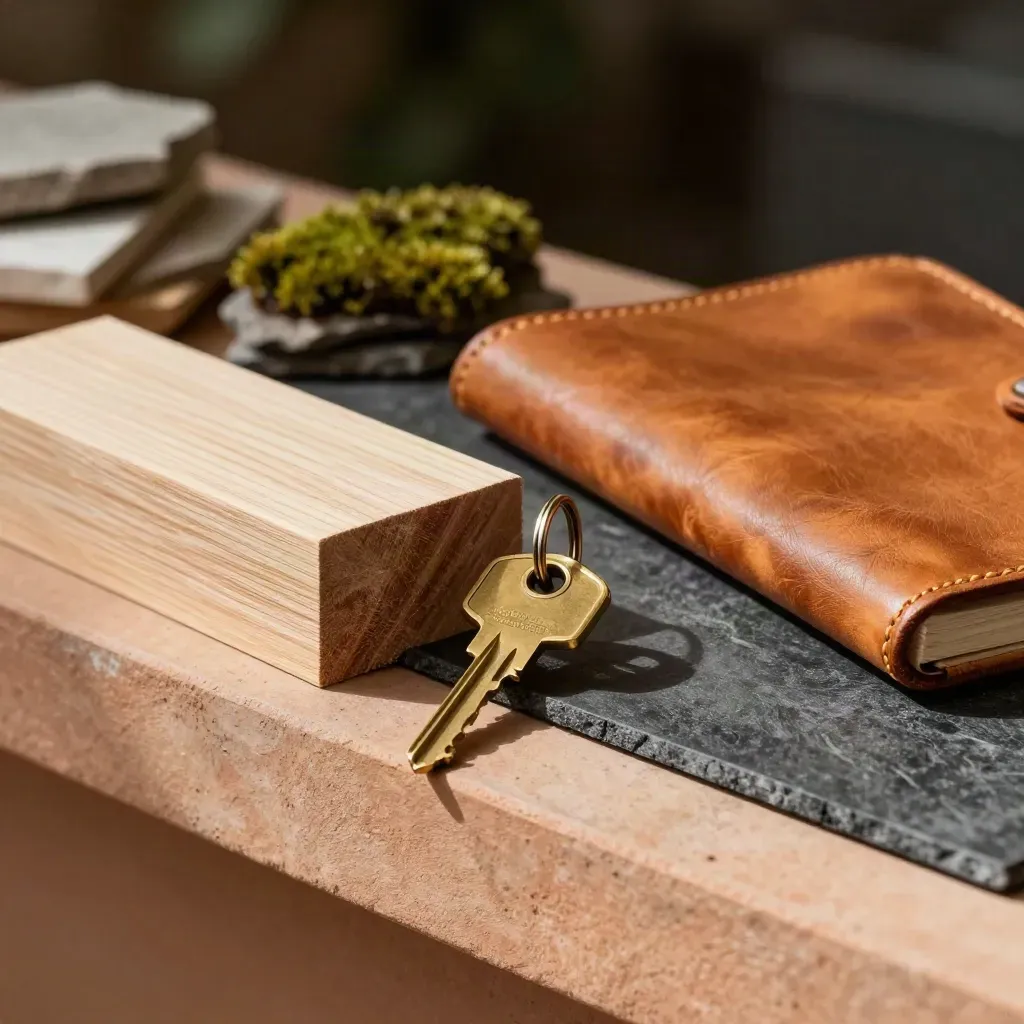 Cedar sample, brass key ring, leather notebook and material chips on a studio ledge