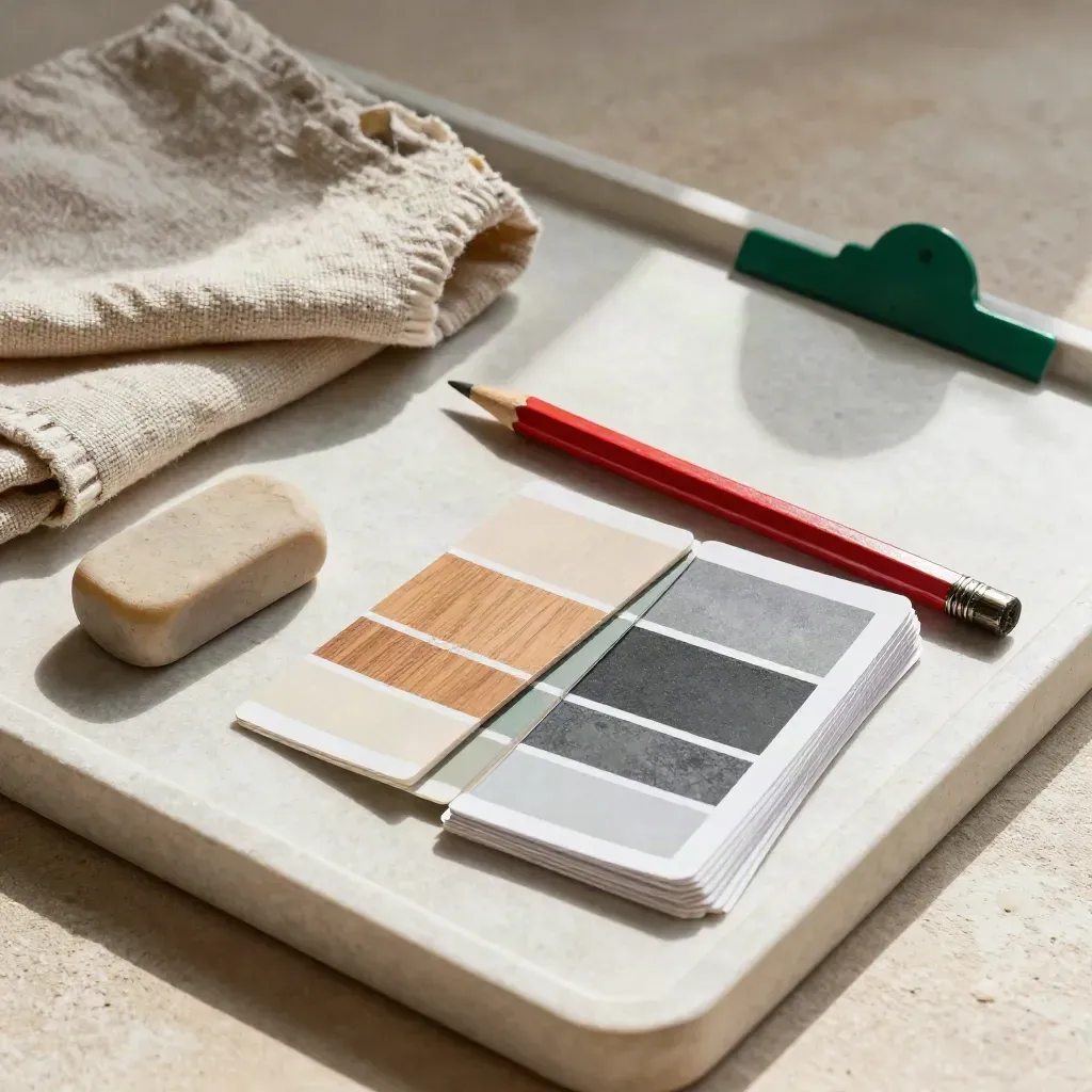 Still life of cedar and limestone swatches, eraser, red pencil and sample cards on a stone tray.