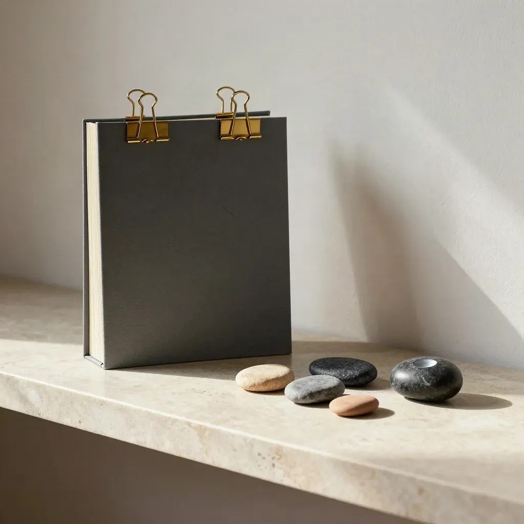 Closed portfolio binder, brass clips, material chips and stone weight on a stone shelf.
