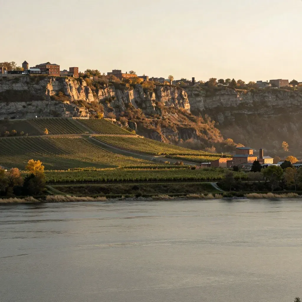 Golden-hour escarpment, vineyard rows, and distant mill forms over a calm open foreground.